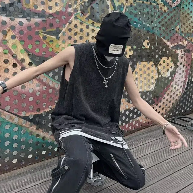 爱肯 潮牌嘻哈街头做旧水洗复古纯棉破洞简约宽松舒适休闲背心 男女同款