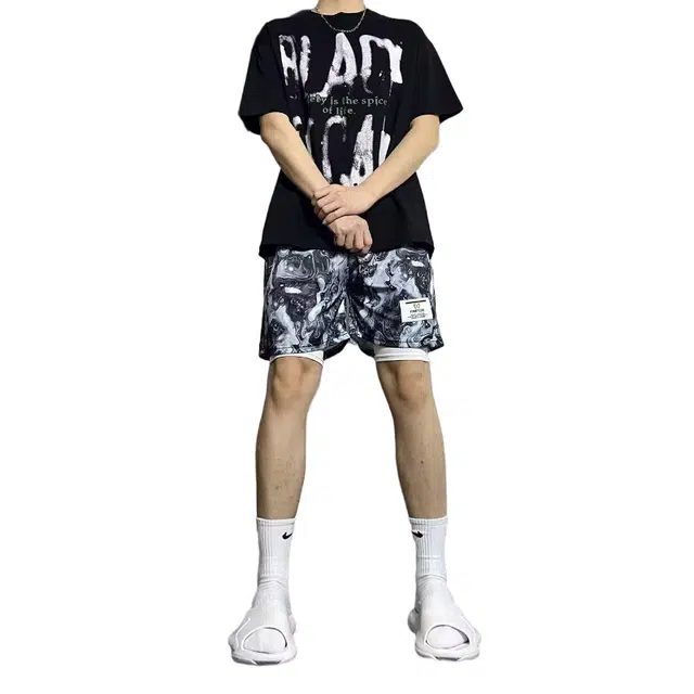 爱肯 美式复古网眼宽松系带水波纹印花图案设计三分休闲短裤 男女同款