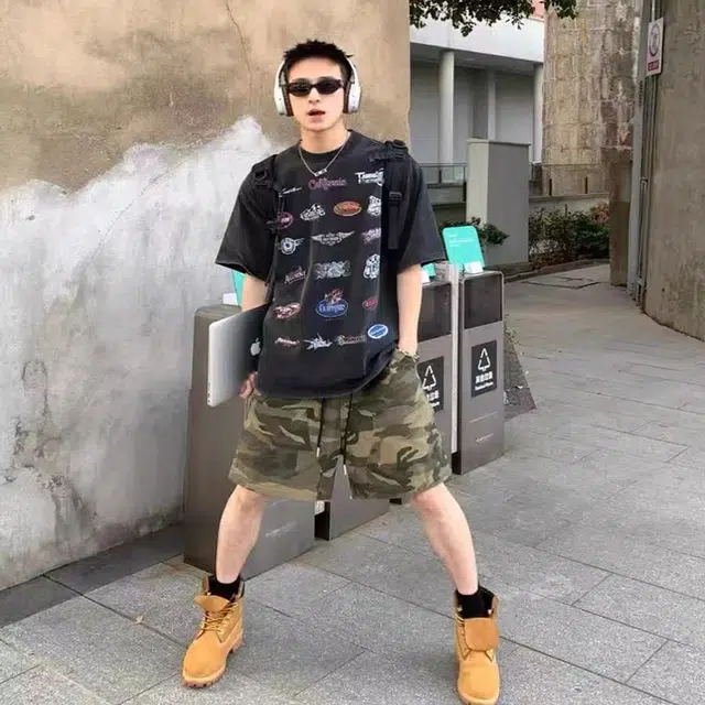 爱肯 美式潮牌迷彩多口袋户外工装裤宽松舒适运动百搭复古时尚五分 女款休闲短裤 男女同款