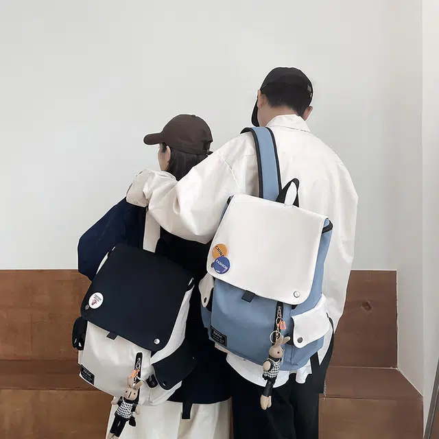 雅鹿 休闲撞色拼接高级感大容量旅行轻便百搭日系韩版 尼龙 背包双肩包 男女同款情侣款 黑色/白配蓝/白配黑/白配绿