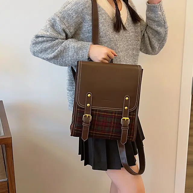 雅鹿 小众设计高级感复古格子 尼龙 双肩包 女款 红色/绿色
