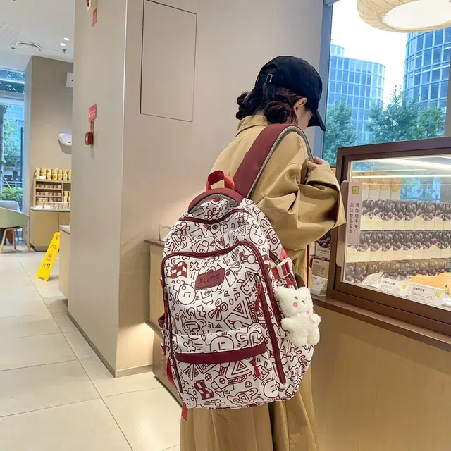 雅鹿 森系高颜值涂鸦大容量百搭耐脏 尼龙 双肩包 男女同款情侣款 黑色/红色/蓝色/绿色