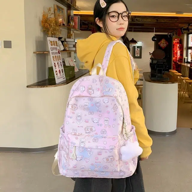 雅鹿 温柔日系甜美高颜值可爱少女蝴蝶结通知印花卡通个性小众设计学院风 尼龙 双肩包 常规 男女同款情侣款 多色