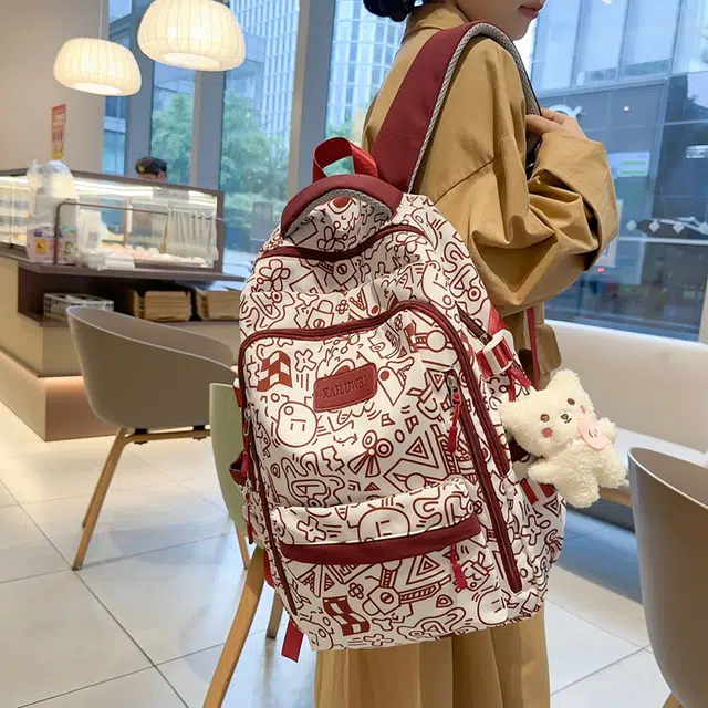 雅鹿 森系高颜值涂鸦大容量百搭耐脏 尼龙 双肩包 男女同款情侣款 黑色/红色/蓝色/绿色