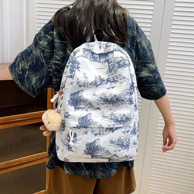 雅鹿 文艺国风简约百搭印花涂鸦潮流精致出游休闲 尼龙 双肩包 常规 男女同款情侣款 白色/黑色/蓝色