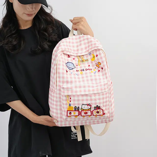 雅鹿 日系格子学院风轻便研学 尼龙 双肩包 女款 粉色