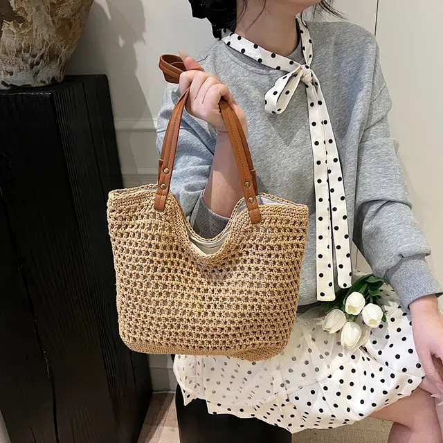 雅鹿 简约百搭大容量镂空通勤 草编 单肩包 女款 米白色/卡其色