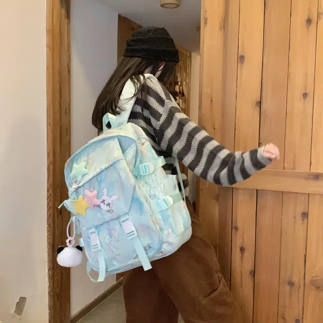 雅鹿 森系小众设计感简约百搭轻便初中生高中生书包小清新装饰褶皱感可爱星星 尼龙 双肩包 常规 男女同款情侣款 多色
