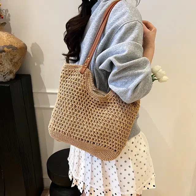 雅鹿 简约百搭大容量镂空通勤 草编 单肩包 女款 米白色/卡其色