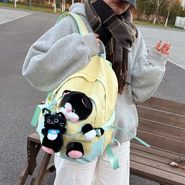 雅鹿 小学生小猫公仔玩偶书包百搭 尼龙 背包双肩包 女款 黄色/粉色/黑色