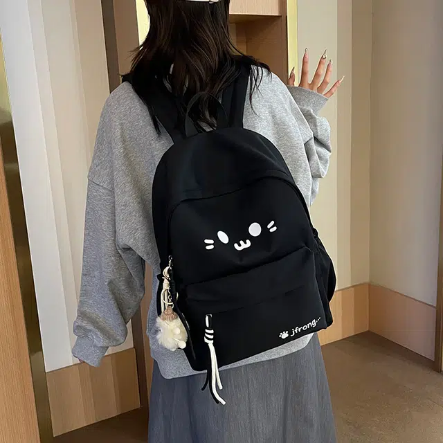 雅鹿 简约可爱卡通猫咪百搭 尼龙 双肩包 女款 米白色/黑色/黄色/蓝色/粉红色