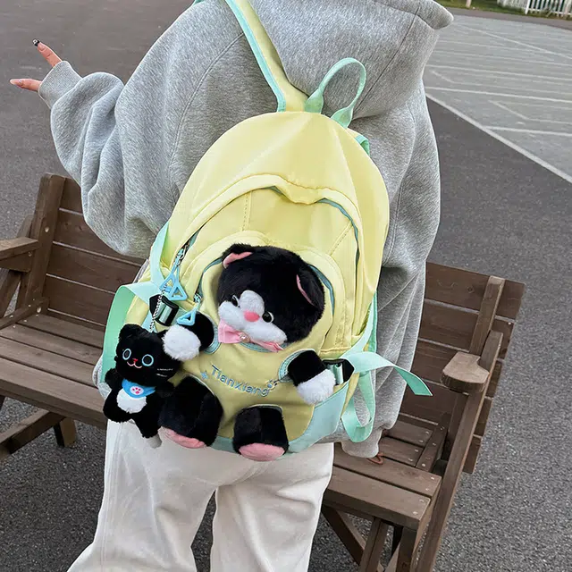 雅鹿 小学生小猫公仔玩偶书包百搭 尼龙 背包双肩包 女款 黄色/粉色/黑色