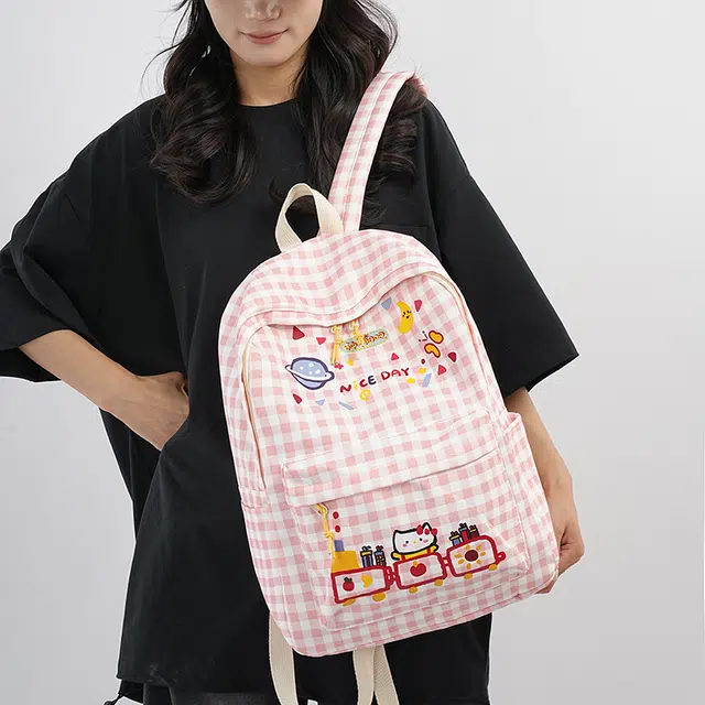 雅鹿 日系格子学院风轻便研学 尼龙 双肩包 女款 粉色