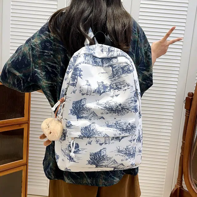 雅鹿 文艺国风简约百搭印花涂鸦潮流精致出游休闲 尼龙 双肩包 常规 男女同款情侣款 白色/黑色/蓝色