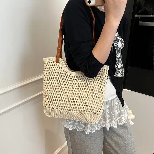 雅鹿 简约百搭大容量镂空通勤 草编 单肩包 女款 米白色/卡其色