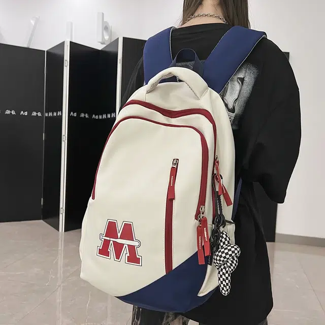 雅鹿 美式复古大容量韩版撞色百搭初中生高中大学生书包 尼龙 双肩包 男女同款情侣款 黑色/红色/蓝色/白蓝红色