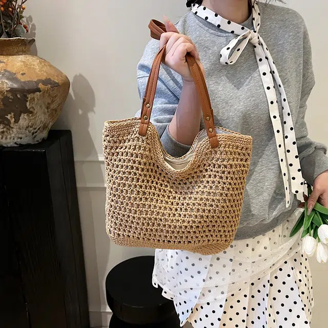雅鹿 简约百搭大容量镂空通勤 草编 单肩包 女款 米白色/卡其色