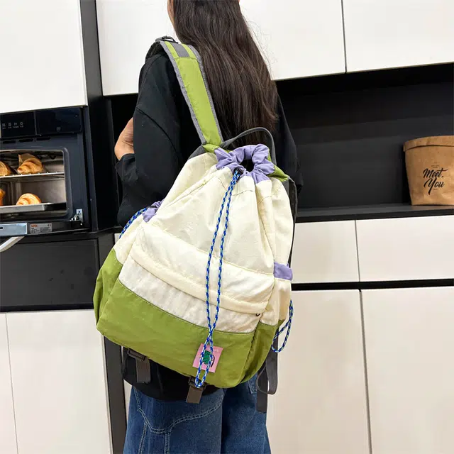 雅鹿 韩系时尚大容量轻便简约百搭 尼龙 双肩包 男女同款情侣款 米白色/绿色