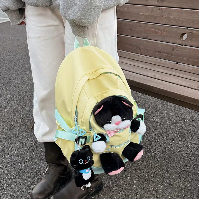 雅鹿 小学生小猫公仔玩偶书包百搭 尼龙 背包双肩包 女款 黄色/粉色/黑色