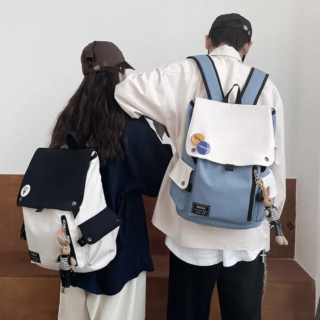 雅鹿 休闲撞色拼接高级感大容量旅行轻便百搭日系韩版 尼龙 背包双肩包 男女同款情侣款 黑色/白配蓝/白配黑/白配绿