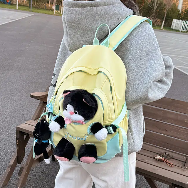 雅鹿 小学生小猫公仔玩偶书包百搭 尼龙 背包双肩包 女款 黄色/粉色/黑色