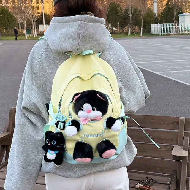 雅鹿 小学生小猫公仔玩偶书包百搭 尼龙 背包双肩包 女款 黄色/粉色/黑色