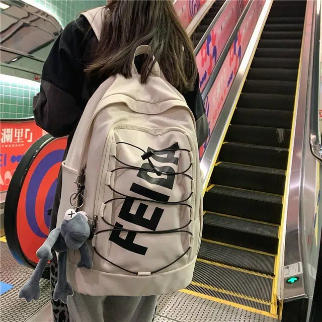 雅鹿 小众美式森系字母印花设计感大容量轻便旅行运动 尼龙 双肩包 男女同款情侣款 白色/黑色/粉红色/绿色/蓝色