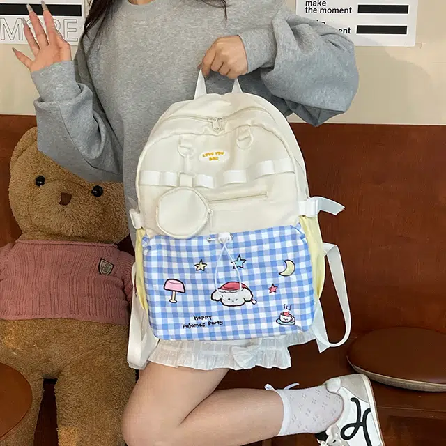 雅鹿 甜妹高颜值日系卡通印花通勤 尼龙 双肩包 女款 蓝格子