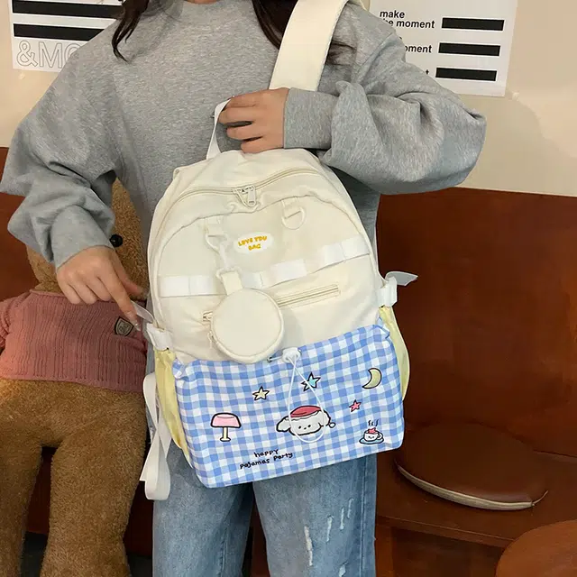 雅鹿 甜妹高颜值日系卡通印花通勤 尼龙 双肩包 女款 蓝格子