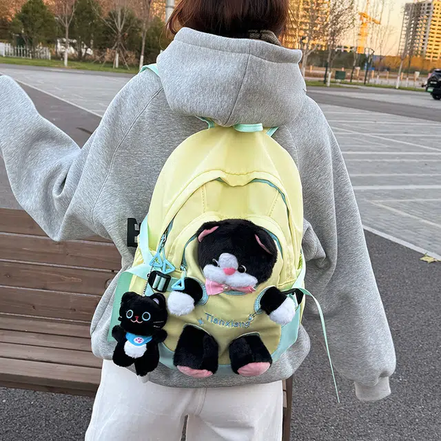 雅鹿 小学生小猫公仔玩偶书包百搭 尼龙 背包双肩包 女款 黄色/粉色/黑色