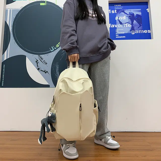 雅鹿 原宿风小众设计款简约百搭森系校园 尼龙 背包双肩包 男女同款情侣款 米白色/黑色/灰色/酒红色