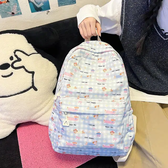 雅鹿 简约时尚卡通学院风小众设计休闲潮流上课大容量通勤 尼龙 双肩包 常规 男女同款情侣款 蓝色小猫/蓝色小狗