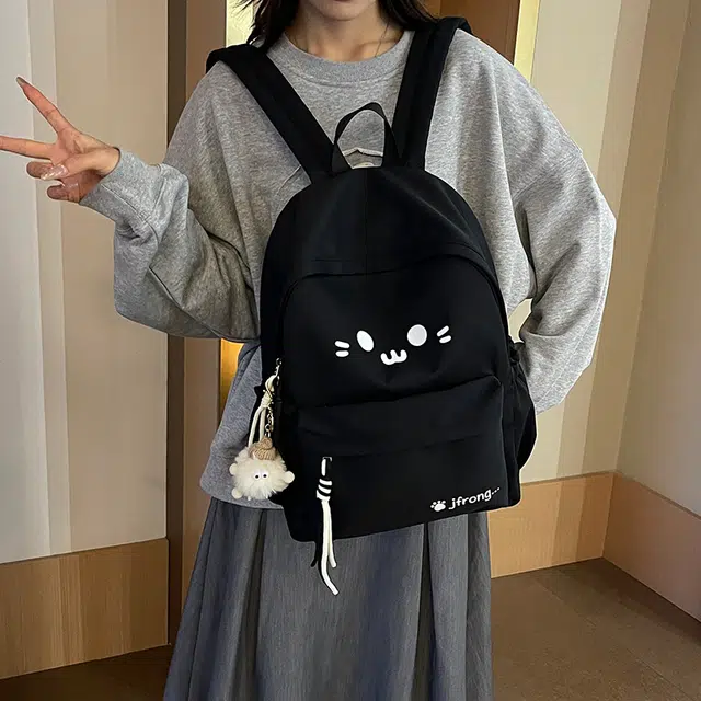 雅鹿 简约可爱卡通猫咪百搭 尼龙 双肩包 女款 米白色/黑色/黄色/蓝色/粉红色