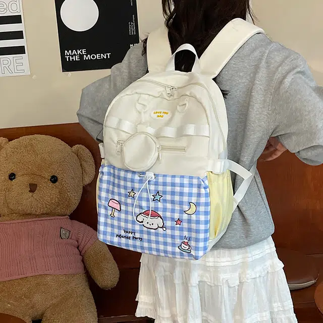 雅鹿 甜妹高颜值日系卡通印花通勤 尼龙 双肩包 女款 蓝格子