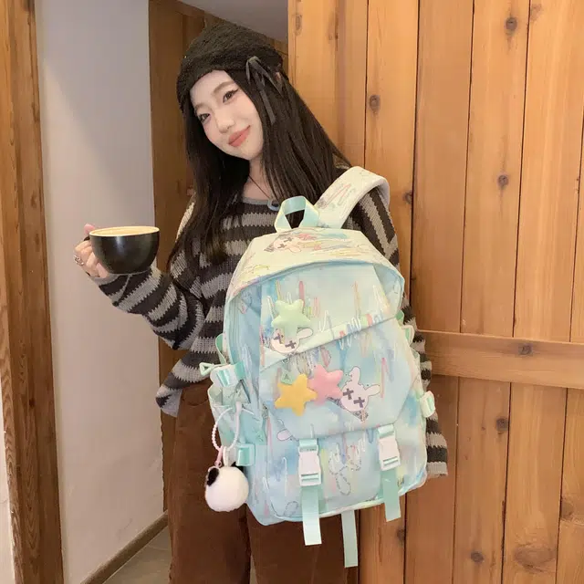 雅鹿 森系小众设计感简约百搭轻便初中生高中生书包小清新装饰褶皱感可爱星星 尼龙 双肩包 常规 男女同款情侣款 多色