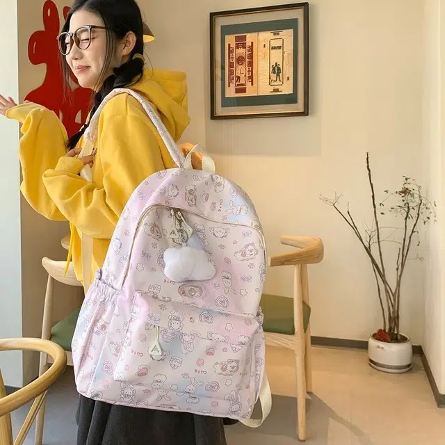 雅鹿 温柔日系甜美高颜值可爱少女蝴蝶结通知印花卡通个性小众设计学院风 尼龙 双肩包 常规 男女同款情侣款 多色