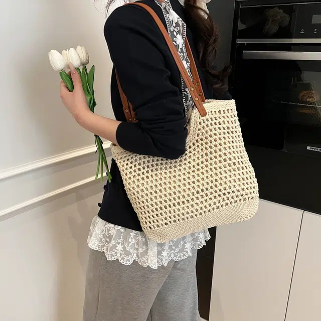 雅鹿 简约百搭大容量镂空通勤 草编 单肩包 女款 米白色/卡其色