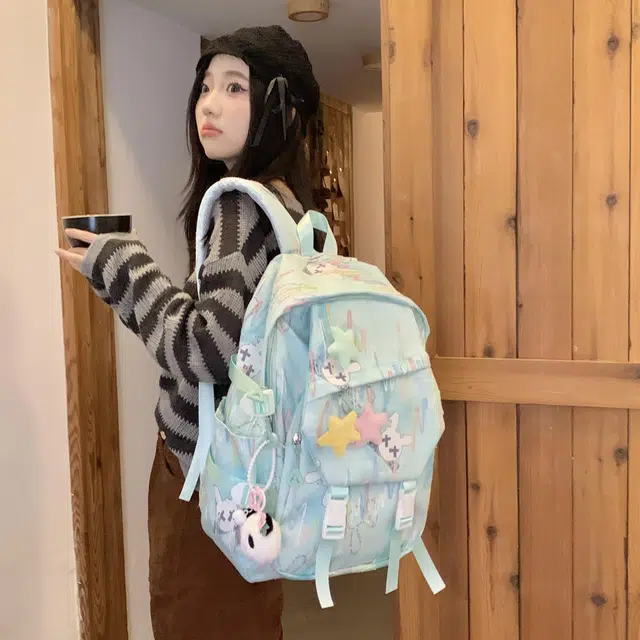 雅鹿 森系小众设计感简约百搭轻便初中生高中生书包小清新装饰褶皱感可爱星星 尼龙 双肩包 常规 男女同款情侣款 多色