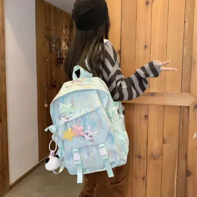 雅鹿 森系小众设计感简约百搭轻便初中生高中生书包小清新装饰褶皱感可爱星星 尼龙 双肩包 常规 男女同款情侣款 多色