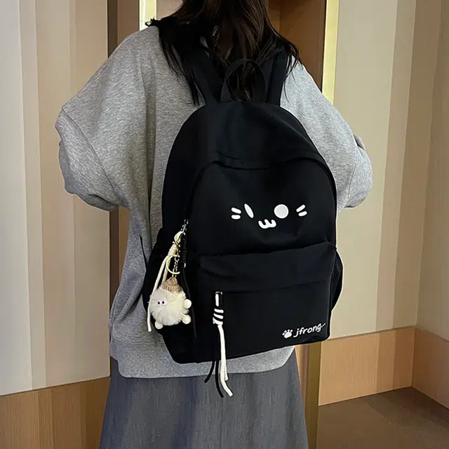 雅鹿 简约可爱卡通猫咪百搭 尼龙 双肩包 女款 米白色/黑色/黄色/蓝色/粉红色