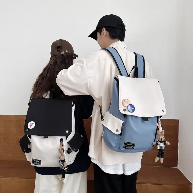 雅鹿 休闲撞色拼接高级感大容量旅行轻便百搭日系韩版 尼龙 背包双肩包 男女同款情侣款 黑色/白配蓝/白配黑/白配绿