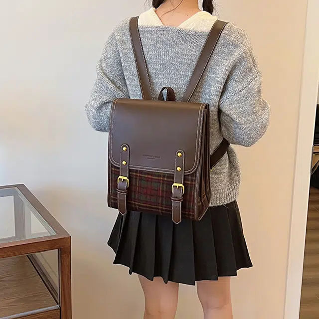 雅鹿 小众设计高级感复古格子 尼龙 双肩包 女款 红色/绿色