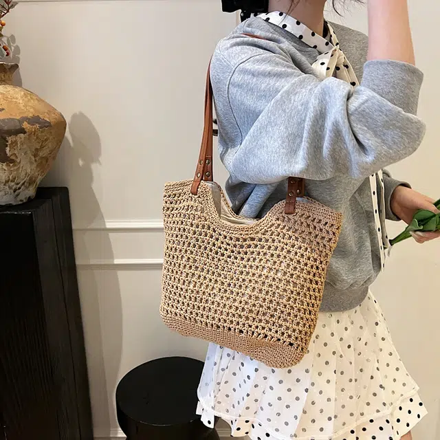 雅鹿 简约百搭大容量镂空通勤 草编 单肩包 女款 米白色/卡其色