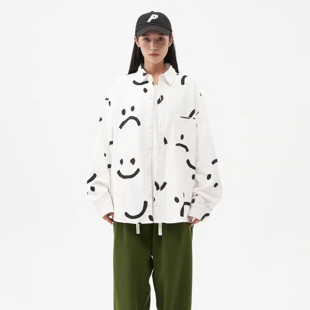 费尔岛上的猫 复古美式趣味金属扣时尚百搭长袖衬衫 男女同款