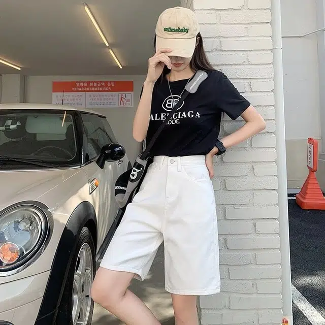 黛尔佳人 白色美式高腰小个子阔腿裤五分裤宽松复古直筒中裤牛仔短裤 女款