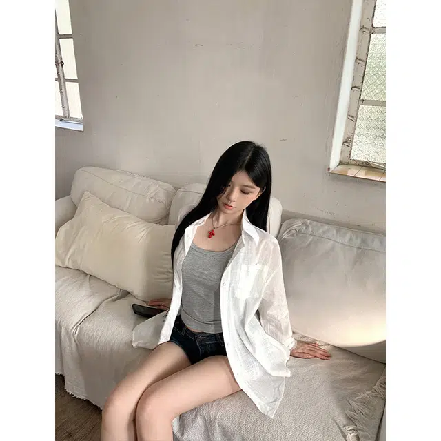 黛尔佳人 时尚慵懒风衬薄款长袖防晒微透开衫外上衣衬衫 女款