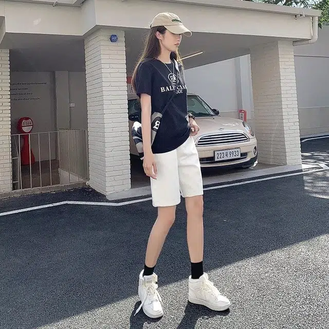 黛尔佳人 白色美式高腰小个子阔腿裤五分裤宽松复古直筒中裤牛仔短裤 女款