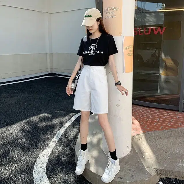 黛尔佳人 白色美式高腰小个子阔腿裤五分裤宽松复古直筒中裤牛仔短裤 女款