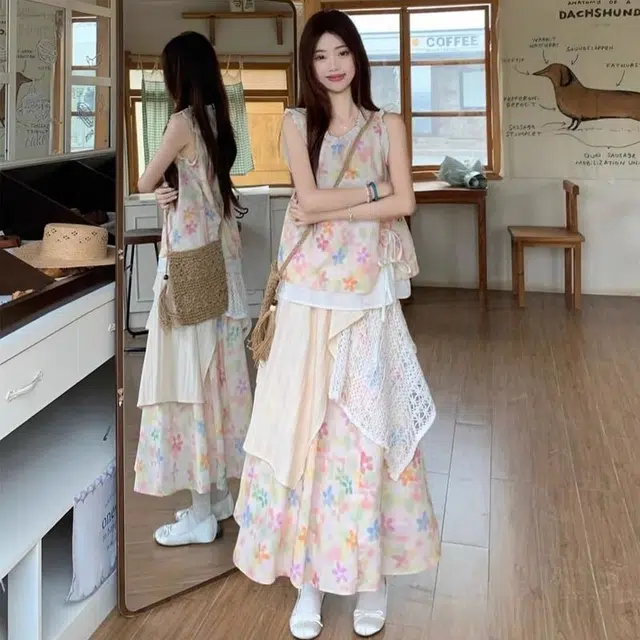 黛尔佳人 夏日小裙子多巴胺穿搭一套温柔度假风法式清纯甜美连衣裙裙装套装 女款