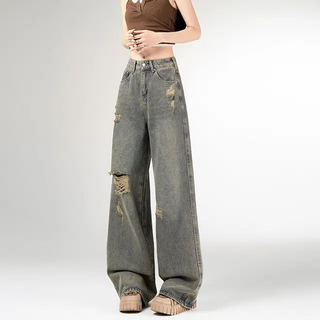 黛尔佳人 怀旧破洞直筒薄款设计感百搭宽松高腰阔腿长裤牛仔裤 女款